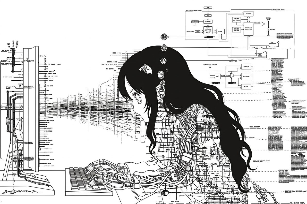 Black and white illustration of a figure at a keyboard, wired into diagrams and text